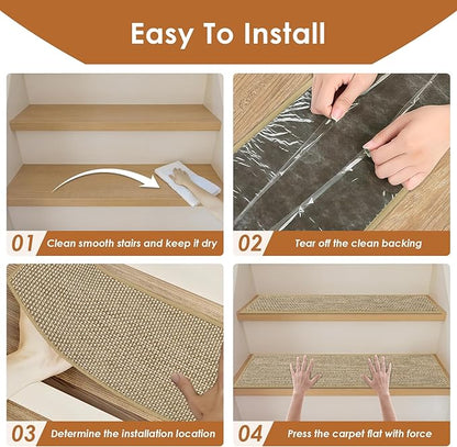 Arttown 15 Pcs 30" x 8" Linen Non-Slip Stair Tread Mats for Indoor Wooden Steps Step Mats with Reusable Adhesive Peel and Stick Carpet Stair Treads for Kids, Elderly and Pets, Beige