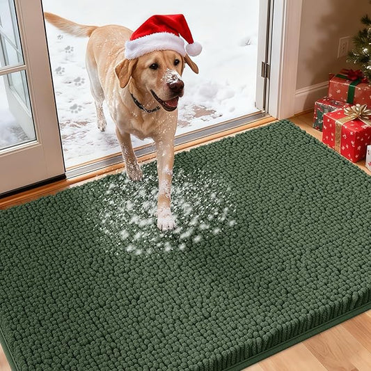IM HOME Dog Door Mats for Muddy Paws, 36" X 24" Christmas Chenille Absorbent Doormat, Non Slip Heavy Dog Rugs for Muddy Paws, Soft Indoor Door Mat for Entryway, Mud Paw, Inside Floor, Olive