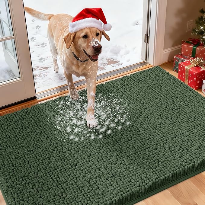 IM HOME Large Dog Door Mats for Muddy Paws, 48" x 30" Chenille Absorbent Mud Mat for Dogs, Non Slip Heavy Dog Rugs for Muddy Paws, Soft Indoor Door Mat for Entryway, Mud Paw, Inside Floor, Olive