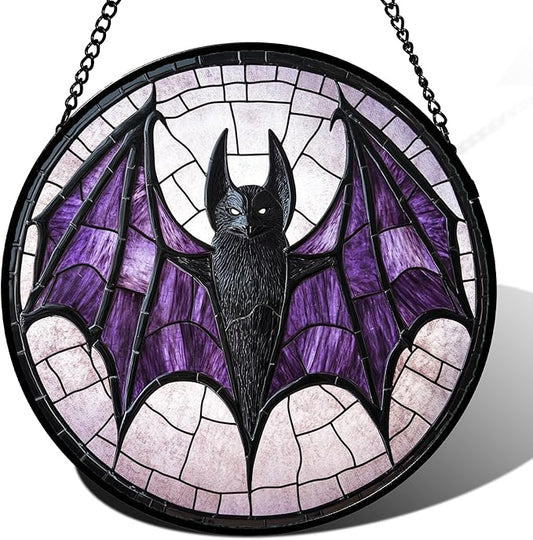 Stained Glass Window Hanging - Halloween Black Bat Purple Wings Monster Suncatcher for Doors Garden Home Spooky Sun Catchers Gothic Decor Horror Gift for Women Men Friend Boy Girl 6.3 in