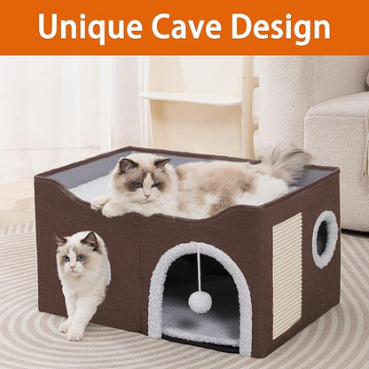 Loyareal Cat Houses for Indoor Cats - Large Cat Bed Cave with Scratch Pad and Fluffy Ball, Foldable Cat Condo Hideaway with Reversible Cushion for Multi Small Pet，Brown