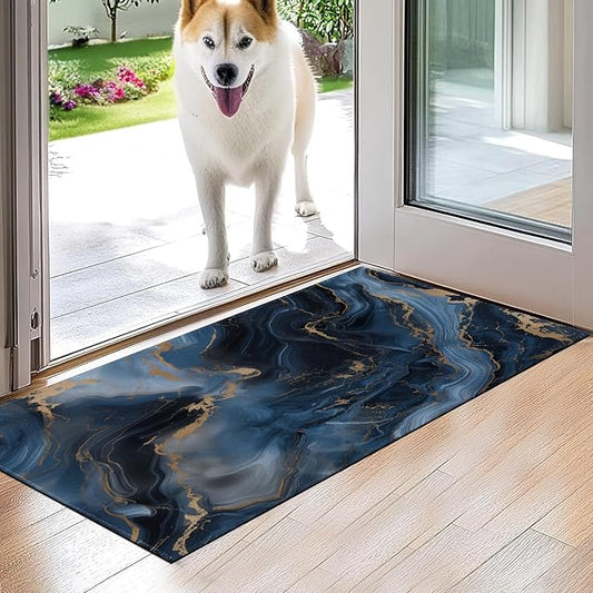 Marble Indoor Door Mat,Blue Gold Cracked Lines Floor Doormat,17x29.5in,Non Woven Non Slip Rubber Backing Abstract Marbles Rug for Porch Insider,Bedroom,Kitchen,Doormats Gifts,Rv Camper Decor