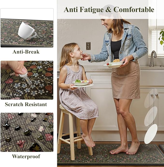 Collive Anti Fatigue Kitchen Mats, Spring Green Floral Kitchen Rugs Sets of 2 Non Slip Waterproof Standing Mat, Vintage Comfort Desk Rug for Office, Sink, Laundry, 17.3"x29"+17.3"x47"