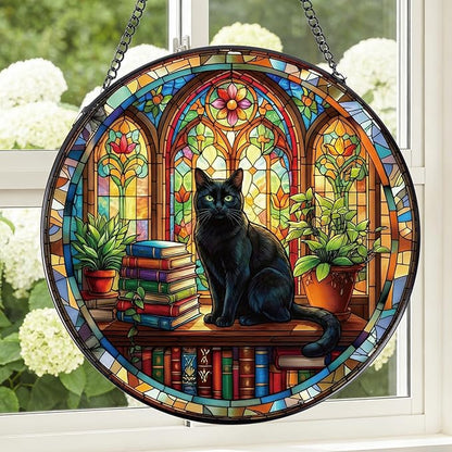 Stained Glass Window Hanging, 8 Inch Sun Catcher Cat and Book Theme Gift for Housewarming, Decorative Suncatchers Gifts for Wall Art Landscape Hanging Home Decor