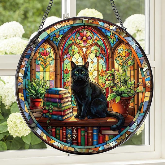 Stained Glass Window Hanging, 8 Inch Sun Catcher Cat and Book Theme Gift for Housewarming, Decorative Suncatchers Gifts for Wall Art Landscape Hanging Home Decor