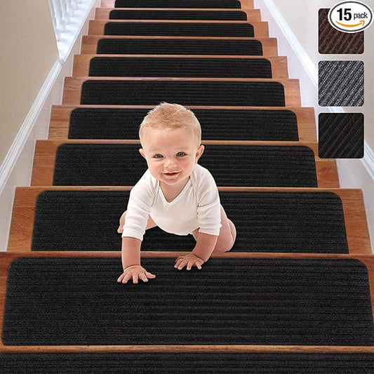 RIOLAND Stair Treads Carpet Non-Slip Indoor Stair Runners for Wooden Steps, Stair Rugs for Kids and Dogs, Set of 15, 8" X 30", Black