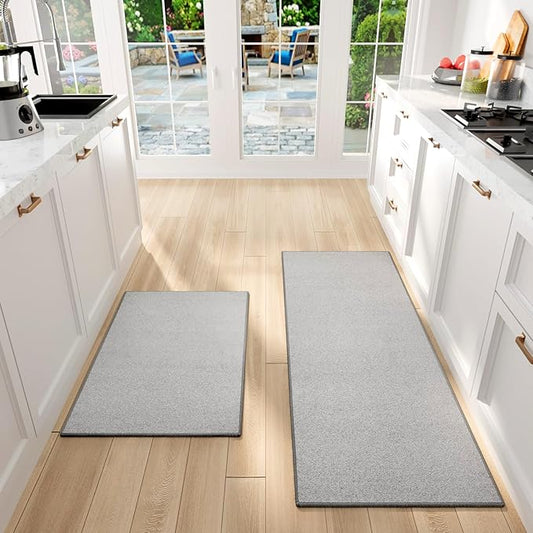 Kitchen Mat Set of 2 PCS, Cushioned Non Slip Rugs for Kitchen Floor, Absorbent Runner Comfort Standing Mats Washable for Kitchen, Office, Home (Grey-Velvet, 17.3"x47"+17.3"x30")