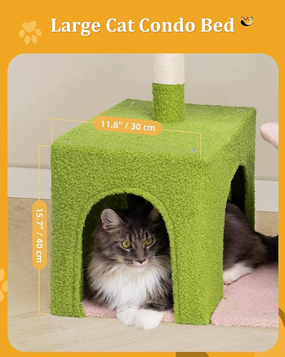 Aechonow Flower Cat Tree for Indoor Cats, 2-Door Large Cat Condo Cave Bed for Big Adult Cats, 41.2'' Cute Cat Tower with Scratching Posts, Cozy Floral Perch and Hammock for Kittens, Green Pink