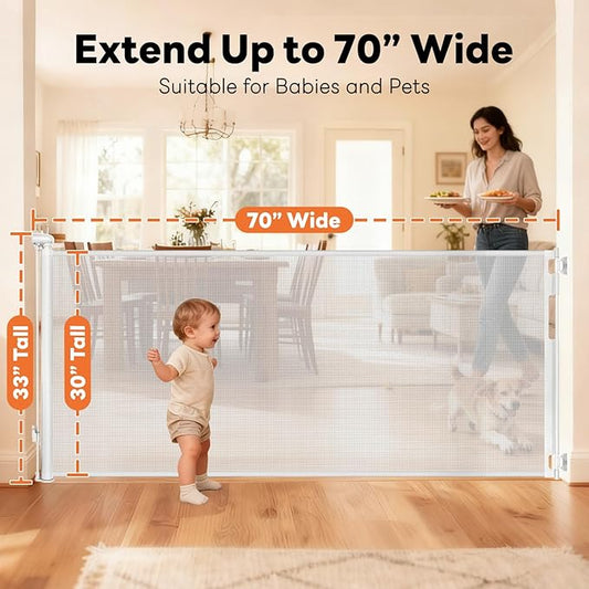 70 Inch Wide Retractable Baby Gate for Doorways, Extra Long Dog Gate Indoor Pet Gate Retractable Gate Outdoor Gates for Decks, Extra Long Baby Gates for Large Openings, White