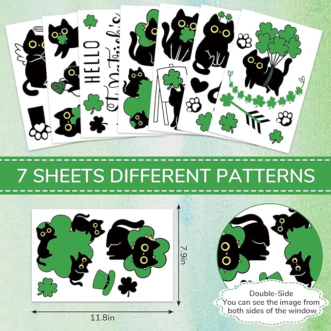Whaline St. Patrick's Day Window Clings Double Sided Green Shamrock Black Cat Clover Window Decal Stickers for Glass Irish Holiday Home Classroom Office Party Decor, 7 Sheets