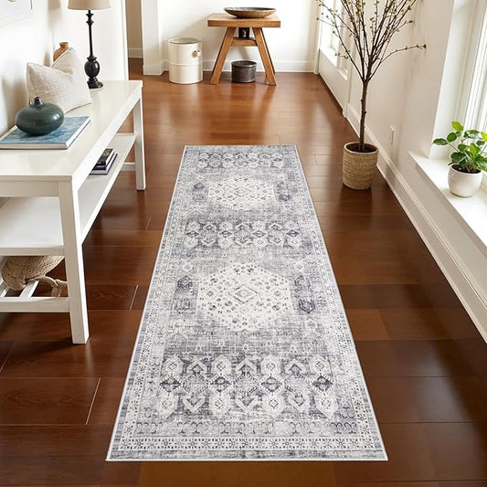 Washable 2x6 Kitchen Runner Rug - Indoor Hallway Rugs with Non Slip Backing Soft Stain Resistant Floor Carpet for Entryway Laundry Vintage Floor Home Decor Mat for Bathroom (2' x 6', Grey)