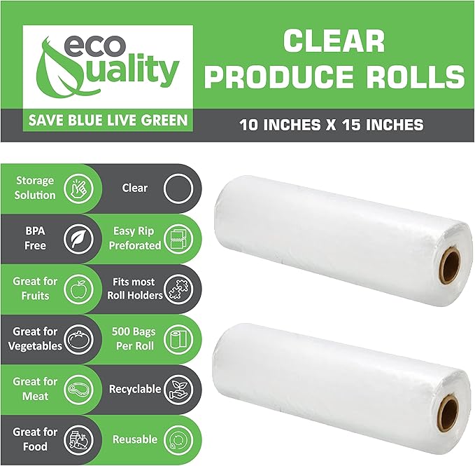 EcoQuality 10x15 Plastic Produce Bags on a Roll - 500 Clear Bags for Vegetables, Food, Fruits, Bread, Pet Waste, Grocery, Supermarket (2 Rolls)