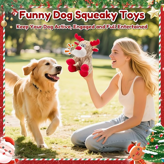 Dog Christmas Toys, Plush Chew Toys for Dogs, Funny Reindeer Squeaky Dog Toy with Crinkle Paper, Gifts for Dogs, Plsuh Dog Toy for Small, Middle, Large Breed, Interactive Pet Toys