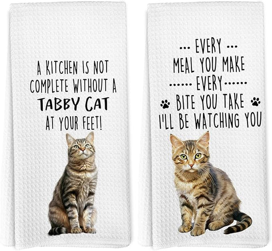 Funny Tabby Cat Kitchen Towels, Tabby Cat Mom Lady Lovers Gifts for Women Hand Towels, Pet Lover Gifts Dishcloths Dish Towel for Kitchen 16x24 Inches Set of 2