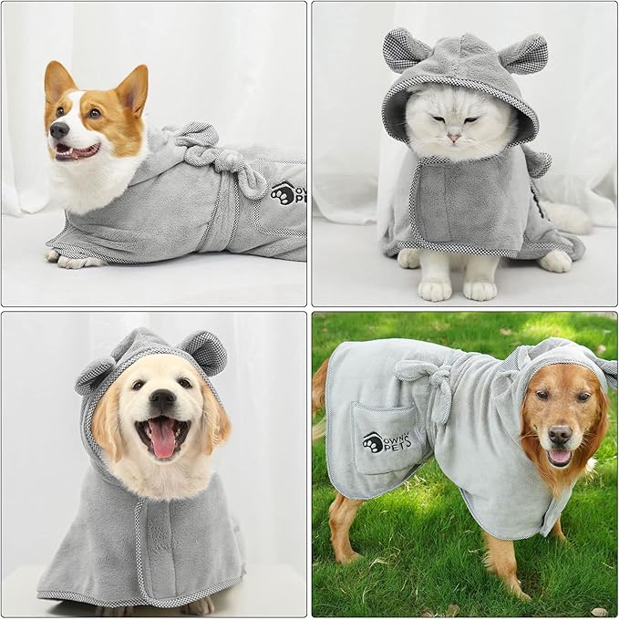 Ownpets Dog Bathrobe Towel, Super Absorbent Soft Dog Drying Robe with Cap & Pocket for Bathing & Beach Trips, Microfibre Fast Drying Dog Towel Robe for Dogs and Cats(Medium)