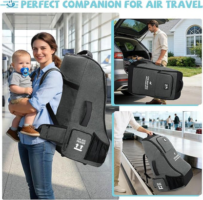 RAINSMORE Car Seat Travel Bag for Airplane Padded Carseat Backpack Heavy-duty Car Seat Cover for Air Travel Infant Car Seat Carrier Bag with Shoulder & Waist Strap, Fits Most Car Seat & Booster Seats