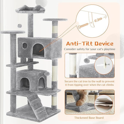 Sweetcrispy 54-Inch Cat Tree Tower – Multi-Level with Sisal Scratching Post, Perfect Pet Gift, Indoor Condo with Climbing Ladder, Plush Toy, and More Animal Stuff, Light Grey