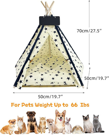 Pet Tent/Tipi for Cats & Dogs - Washable Canvas, Foldable Pet Teepee with Anti-Slip Base & Detachable Cushion | Indoor/Outdoor Safe Shelter for Pets Up to 66lbs-Beige-M