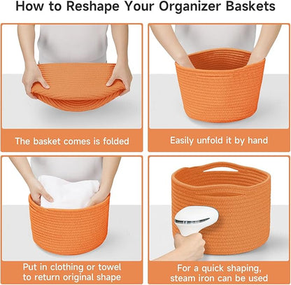 Small Rope Baskets for Storage, Baskets for Gifts Empty, Cute Round Woven Basket, Decorative Shelf Baskets 9.82×9.82×7.1", Cotton Toy Basket Storage Bins for Organizer 3 Packs-Orange