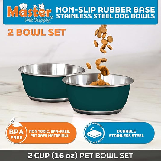 Master Pet Supply Stainless Steel Dog Bowls Set of 2 (16 Oz Each) with Non-Slip Rubber Base - Emerald Sea - Basic Dog Food Bowl Water & Food Bowls for Small Medium Large Dogs & Cats, Metal Dish
