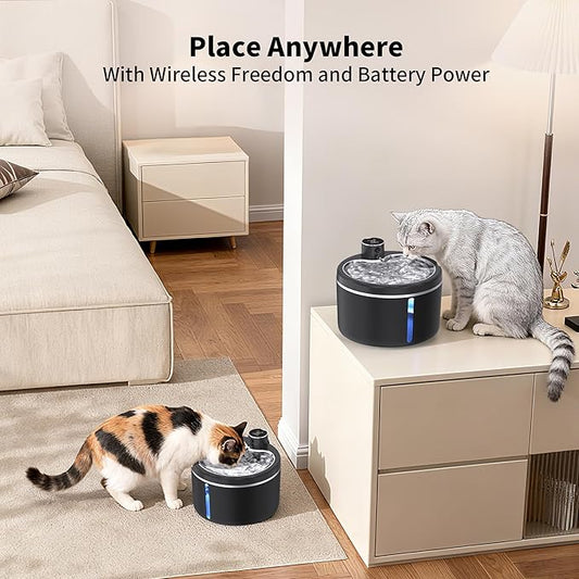 Cat Water Fountain Cordless, 108oz/3L Pet Fountains for Cats Indoor with Stainless Steel Tray, Battery Operated Cat Drinking Fountain with Motion Sensor, Ultra Quiet Pump