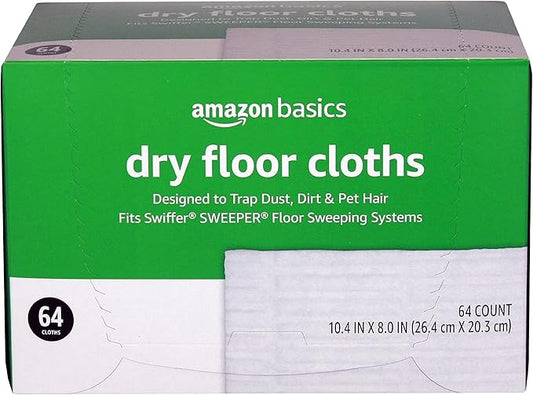 Amazon Basics Dry Sweeping Cloths for Floor Cleaning, Pet Hair, Dust, Dirt, Multi-Surface, Disposable, Fits Swiffer Sweeper Mop Heads, 64 Count