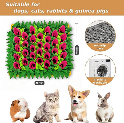 Snuffle Mat for Dogs, Cats, Rabbits, Guinea Pigs, Durable Washable Pet Feeding Mat, Flower & Grass Slow Feeder, Nose Work Training Pad, Anxiety Relief & Mental Stimulation(S, Rose Red)