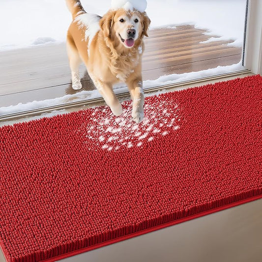Extra Large Dog Door Mats for Muddy Paws, 71" x 25" Christmas Chenille Absorbent Mud Mat for Dogs, Non Slip Heavy Dog Rugs For Muddy Paws, Soft Indoor Door Mat for Entryway, Mud Paw, Inside Floor, Red