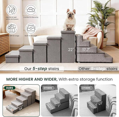 Love's cabin Dog Stairs for High Bed 22" H, Foldable Pet Stairs for Small Medium or Large Dogs Puppy with Storage for Bed or Couch, Cat Dog Steps Ramp with Zip up to 200 lbs, Solid Grey, 5 Steps