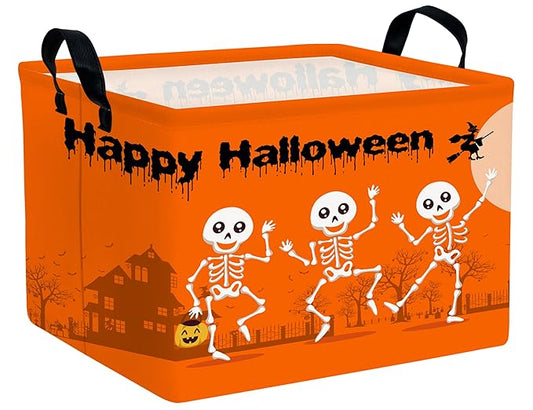 Large Halloween Themed Candy Gift Boo Basket for Kids Baby Personalized Adults Storage Bin Fall Decor(Orange Dance Skeleton)