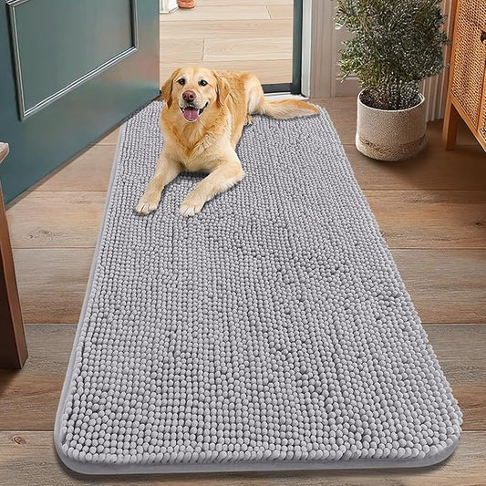 Smiry Dog Door Mat for Muddy Paws 48x30, Absorbs Moisture and Dirt Doormat, Non-Slip Washable Quick Dry Chenille Front Door Mat Indoor Entrance, Entryway Carpet for Inside Floor, Light Grey