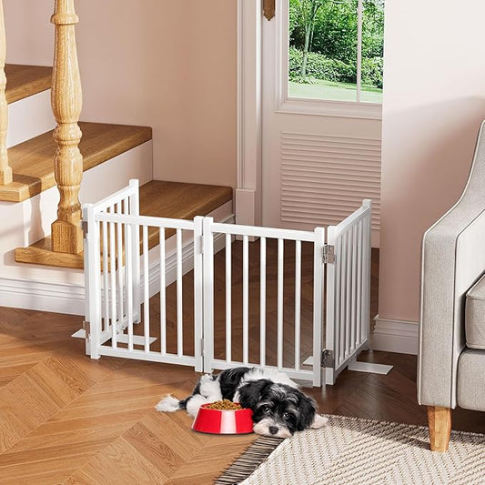 Snughome Short Dog Gate Indoor, 16" High Freestanding Small Dog Door Gates with Support Feet, Expands Up to 48’’ Wide Foldable Pet Gate for Doorway, 4 Panel Folding Pet Door Pet Fence for Puppy, White