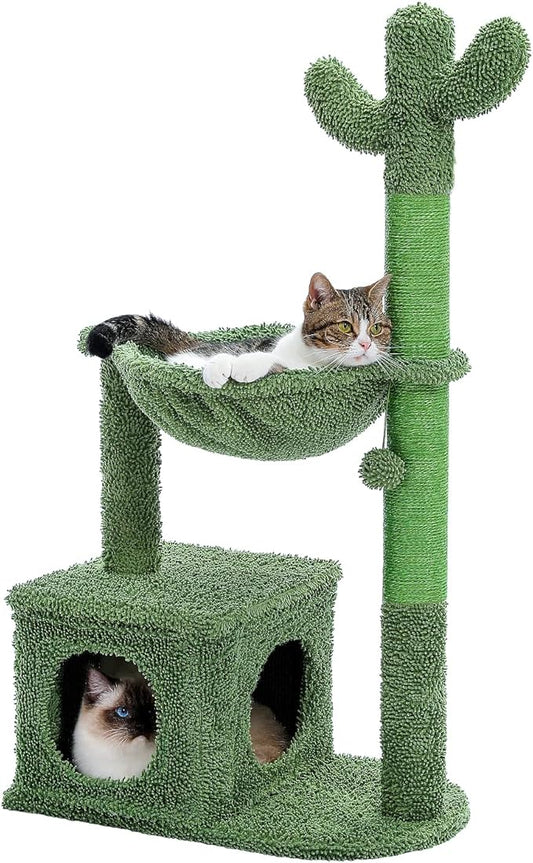 MUTTROS Cactus Cat Tree 40" Cat Tower with Large Metal Carpet Hammock, Cat Scratching Post for Indoor Cats with Condo & Replaceable Toy Ball, Green
