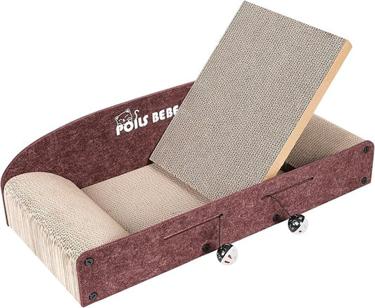 Poils Bebe 26 Inch Sofa Cat Scratcher, Small Cat Scratcher Cardboard with Bell Balls, Durable Couch Lounger for Indoor Cats, Cat Scratch Furniture Protector with Catnip, Cat Toys