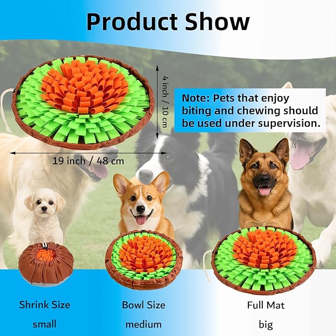 Snuffle Mat for Dogs, Large Dog Snuffle Mat 19'' x 19'' Enrichment Interactive Dog Puzzle Toys for Dogs Cats Encourage Natural Foraging Skills and Olfactory Training Stress Relievers Green-Orange