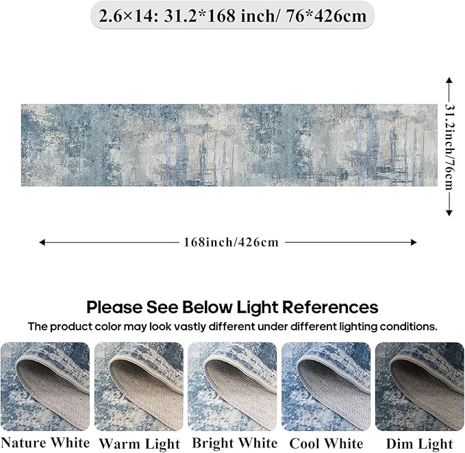 2.6x14 Extra Long Runner Rug Grey Abstract: Washable Non-Slip Carpet for Hallways - Soft Low-Pile Thin Indoor Runner for Long Spaces 2.6x14 Blue