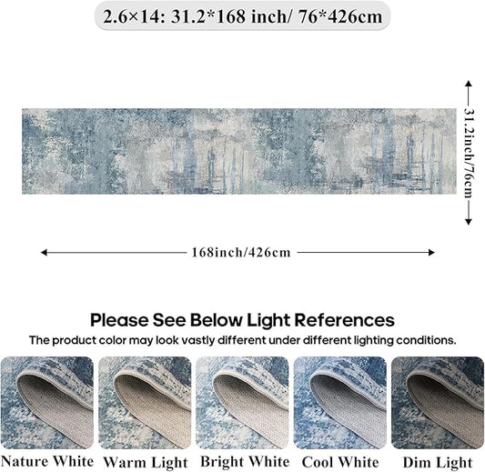 2.6x14 Extra Long Runner Rug Grey Abstract: Washable Non-Slip Carpet for Hallways - Soft Low-Pile Thin Indoor Runner for Long Spaces 2.6x14 Blue