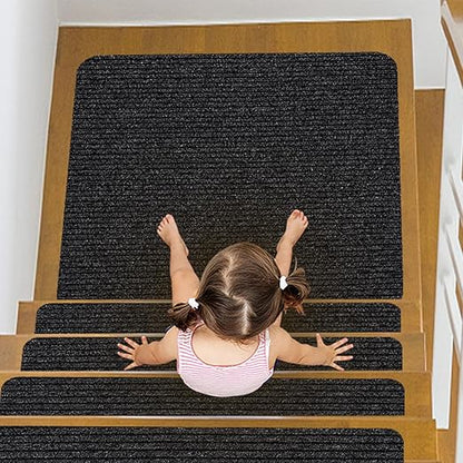 Stair Treads for Wooden Steps, Non-Slip Stair Runner Indoor Outdoor Stair Tread Mats Covers Pads, 31" x 31"Matching Staircase Step Runner for Elders, Kids and Dogs (31" X 31", Black)