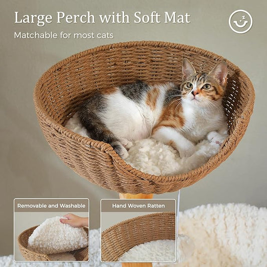PETEPELA 48.5" Modern Cat Tree for Large Cats, Natural Solid Wood Cat Tower with Big Rattan Basket, Cozy Condo & Flower Cat Tree with Large Hammock for Indoor Cats, Kittens