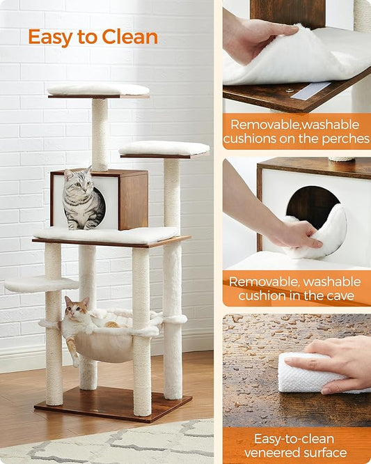 Feandrea Cat Tree, 56.3-Inch Modern Cat Tower, Multi-Level Plush Condo with Scratching Posts, Hammock, Washable Cushion, Rustic Brown UPCT164X01