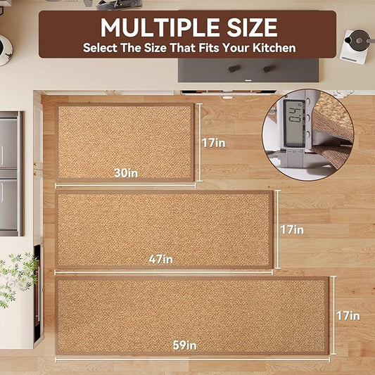 Kitchen Runner Rugs Non Slip Washable Anti Fatigue, Super Absorbent 0.4" Thick Cushioned Long Kitchen Mats for Floor, Jute-Look Sink Floor Mat Laundry Standing Mat, Easy Clean, Brown 17"x59"