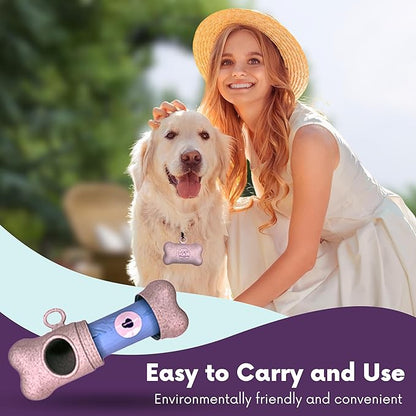 Complete Earth-Conscious Dog Waste Kit: Wheat Straw Waste Bag Dispenser with one corn starch 15-bag waste bag roll, Carabiner, Elastic Band for Secure Leash Attachment, Leak-Proof (Pink)