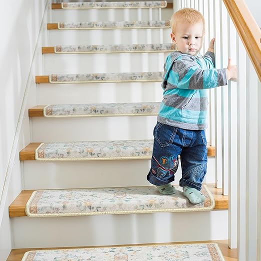 RORA Bullnose Carpet Stair Treads Non-Slip Stair Treads for Wooden Steps,Washable Stair Carpet,Floral Stair Rugs,Runner Indoor Stair Mats for Pets Elder,7pcs,29.5 ''x9.5 ”x1.5 '',Beige