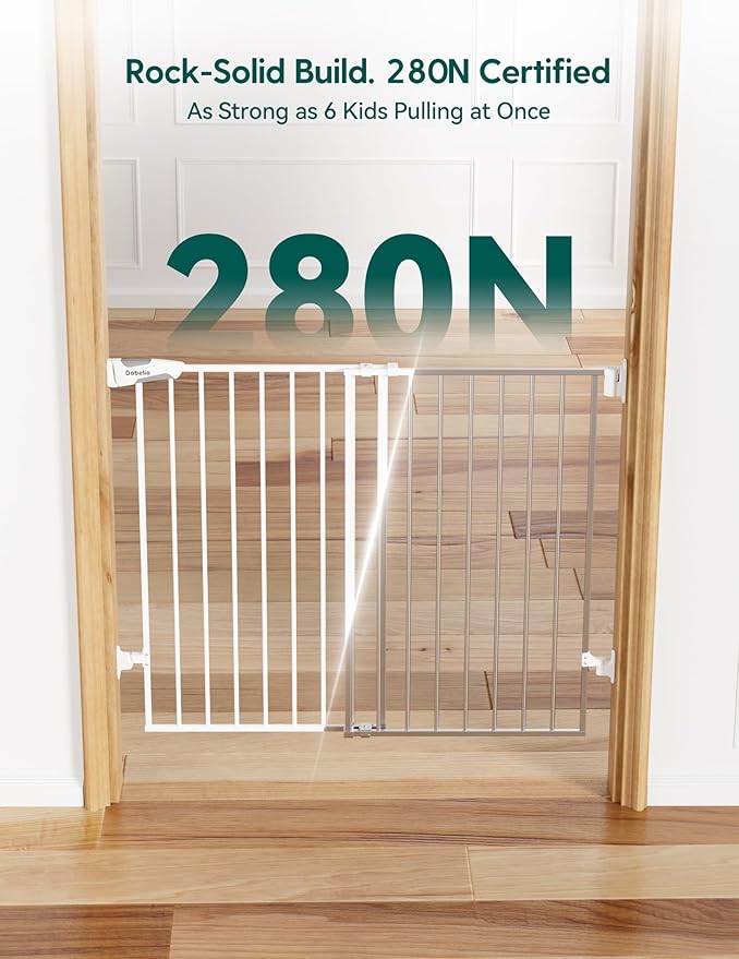 Babelio Baby Gate for Stairs, Kitchen & Doorways, No Bottom Bar| Easy Install| One-Handed Operation| Auto-Close| Hardware Mount Safety Dog Gate (White - B17, 34" H, 26-43" W-Standard 2 Pcs)