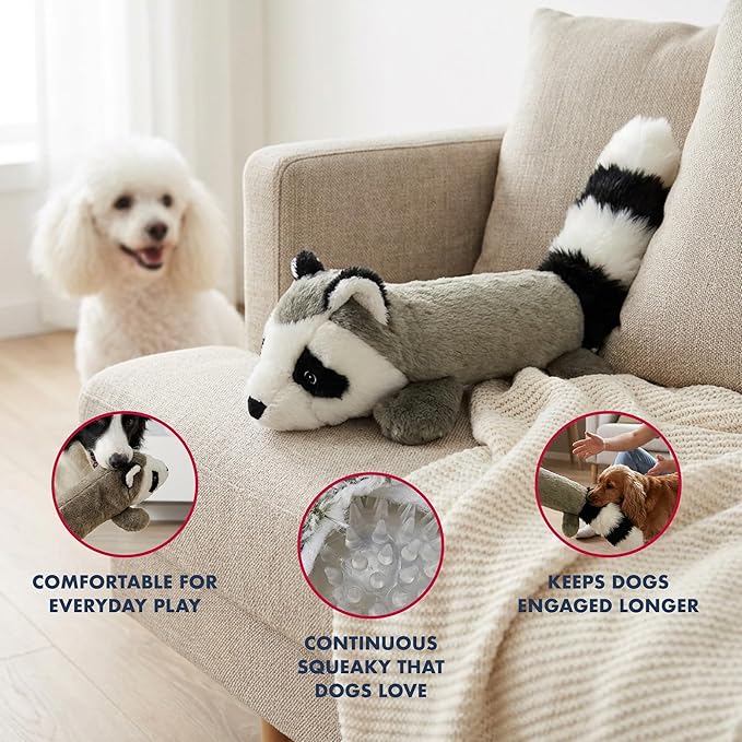 Pet Lou 11 Inch Raccoon Dog Chew Toy, No-Stuffing Plush Dog Toy with Full-Body Squeaker, Durable Interactive Squeaky Toy for Anti-Boredom Play
