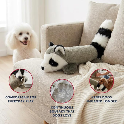 Pet Lou 11 Inch Raccoon Dog Chew Toy, No-Stuffing Plush Dog Toy with Full-Body Squeaker, Durable Interactive Squeaky Toy for Anti-Boredom Play