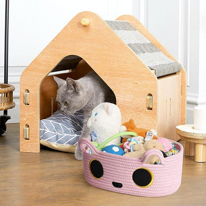Pink Cat Toy Basket, Small Woven Cat Toy Storage Box with Cute Ears Handle Indoor, Cotton Rope Storage Bin with Embroidered Face for Home Decor, Pet Bed, Baby Nursery Kids Room Organization