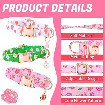 3 Pack Floral Dog Collars for Small Dogs Pink Dog Collar with Flower Pendant for Girl Female Dogs Adjustable Puppy Collars Pet Collar (9-14.5 inch)