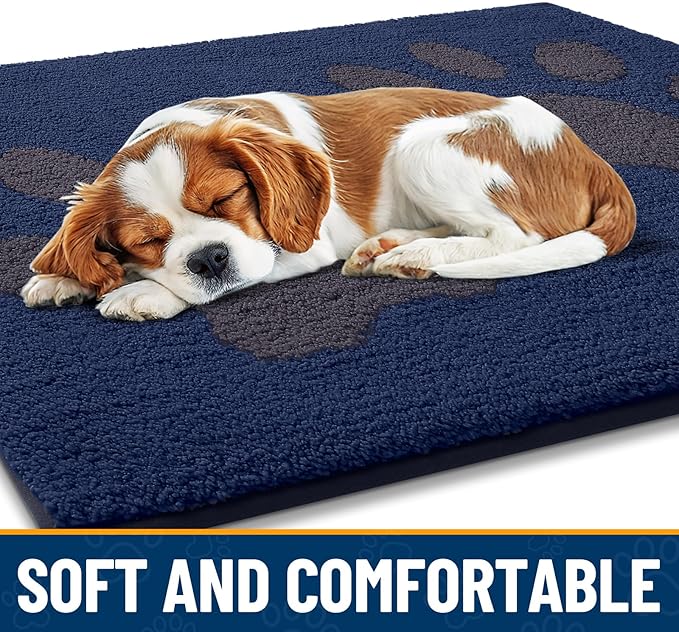 Smiry Dog Door Mat for Muddy Paws, Absorbs Moisture and Dirt, Low-Profile Entryway Mat with Non-Slip Backing, Entry Indoor Outdoor Doormat for Inside Floor (47x24 Inches, Navy Blue, Paw)