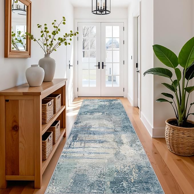 3x10 Extra Long Runner Rug Non-Slip Washable - Abstract Modern Indoor Hallway Carpet for Long Entryways, Kitchen, Bedroom - Soft Thin Low Pile Floor Runners for High Traffic Areas 3x10 Blue